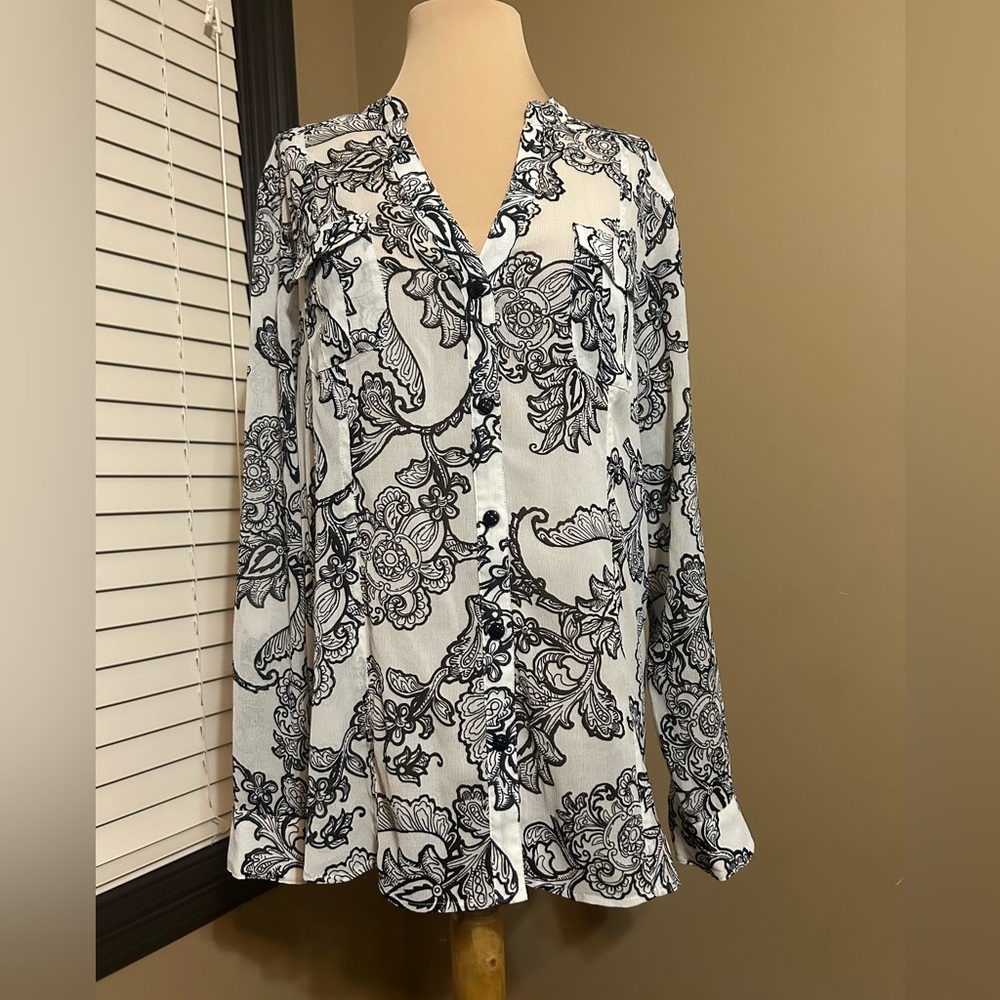 Cache Black and White Floral Blouse